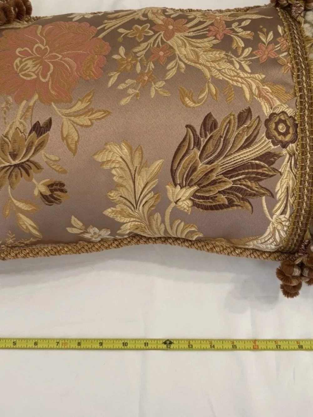 Neiman Marcus Sweet Dreams Taupe and Gold Floral Jacquard Pillow with Braide